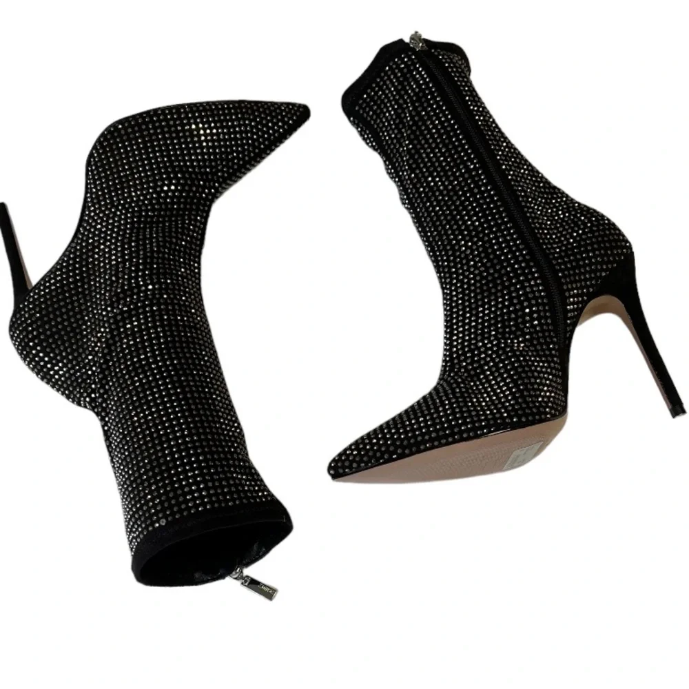 Schutz Sybil Suede Rhinestone Boots Black Silver Embellished Stiletto Women's 7